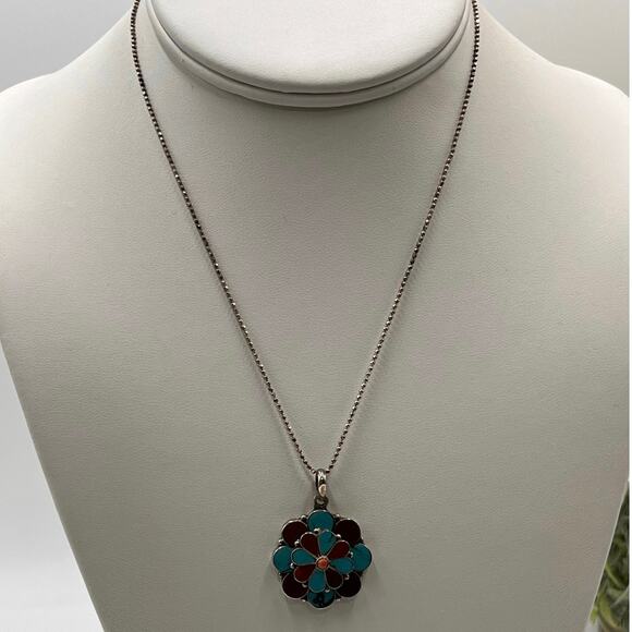 Sterling Silver Turquoise Coral Inlay Floral Bloom Spinning Pendant Necklace - Picture 2 of 13